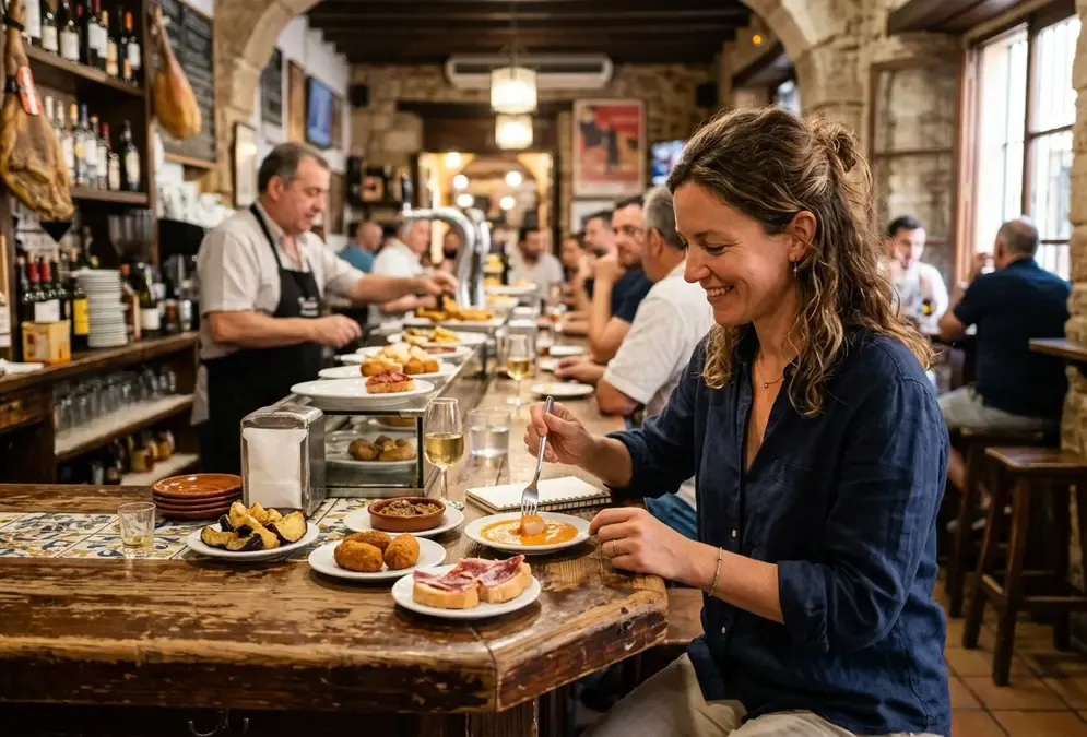 A solo traveler sitting at a wooden bar counter in a traditional Córdoba tapas bar, small plates and a glass of beer in front of them, warm amber light from hanging bulbs overhead