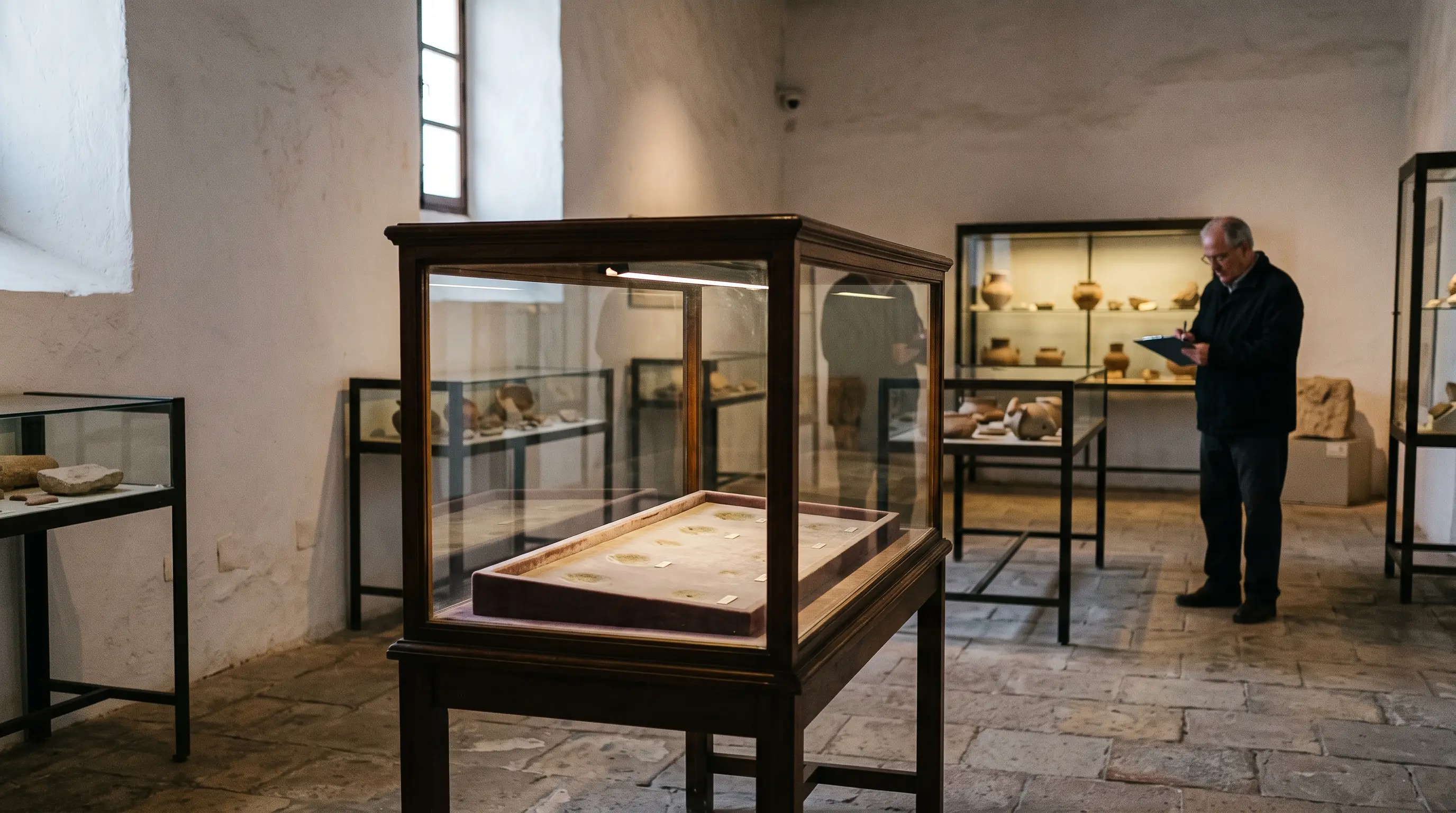 Spain museum thefts 2026: empty glass display case in a dim archaeological museum gallery, one security light falling on a velvet-lined tray where gold pieces once lay