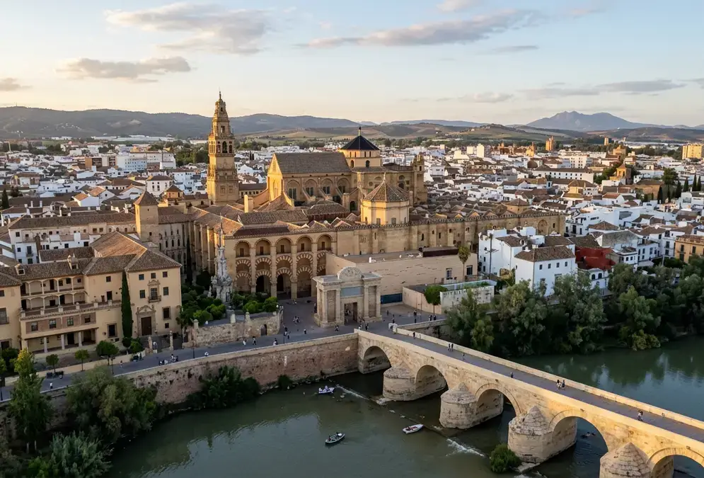 Aerial view of Córdoba's historic centre at golden hour, the Mezquita-Catedral's striped arches and bell tower dominating a skyline above the Guadalquivir river — Spain travel statistics 2026 reference image