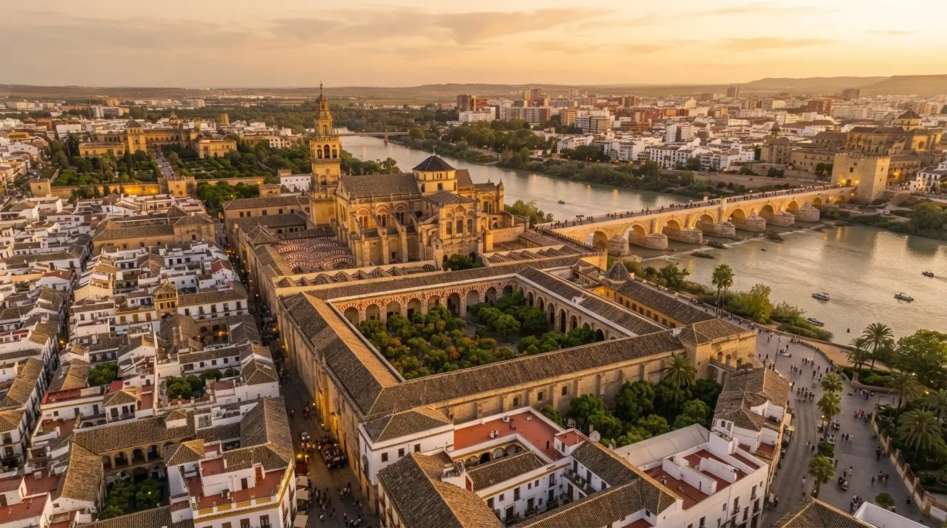 Aerial view of Córdoba's historic centre at golden hour, the Mezquita-Catedral's striped arches and bell tower dominating a skyline above the Guadalquivir river — Spain travel statistics 2026 reference image