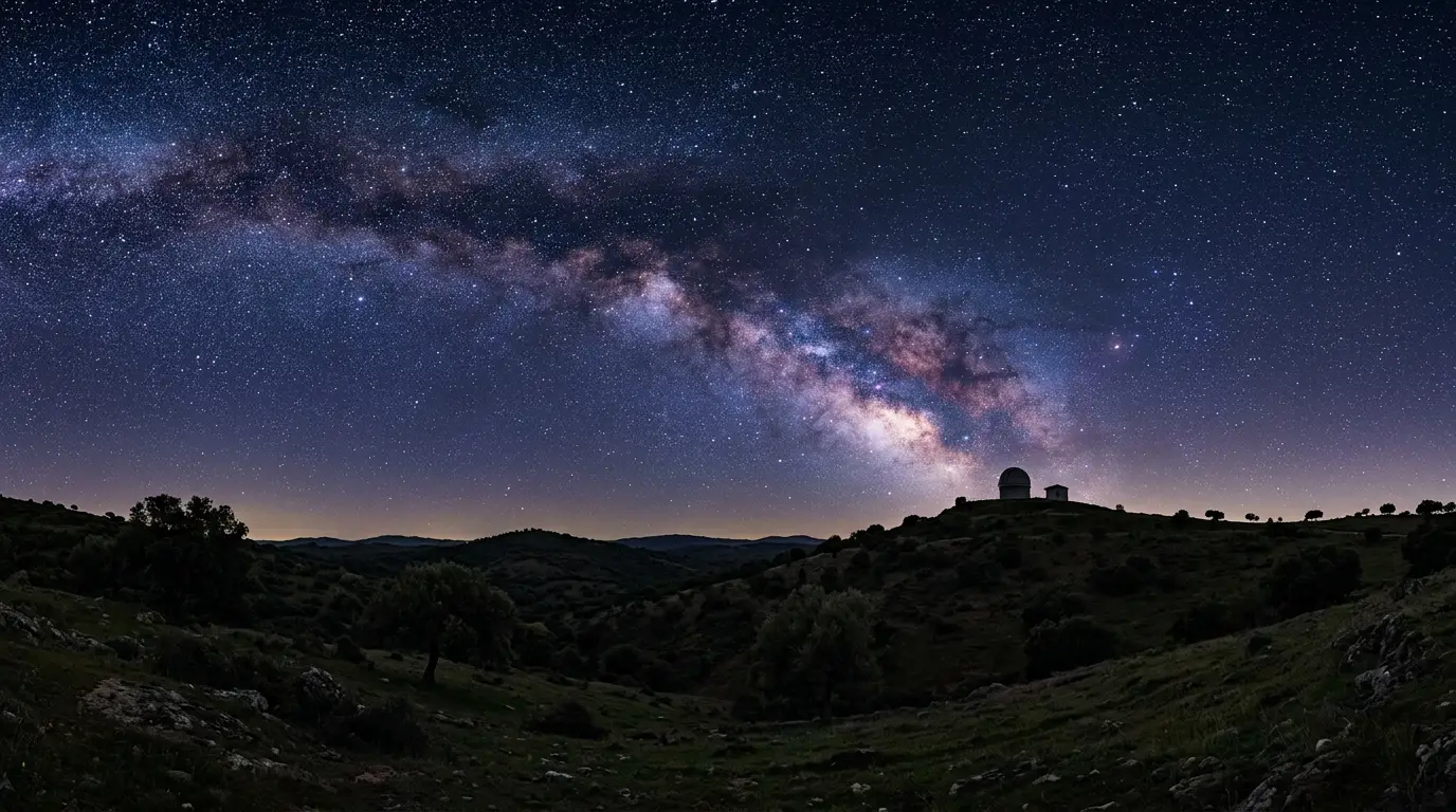 Milky Way arcing over dehesa farmland at the Los Pedroches Starlight Reserve at night, stargazing near Córdoba under a star-dense Sierra Morena sky
