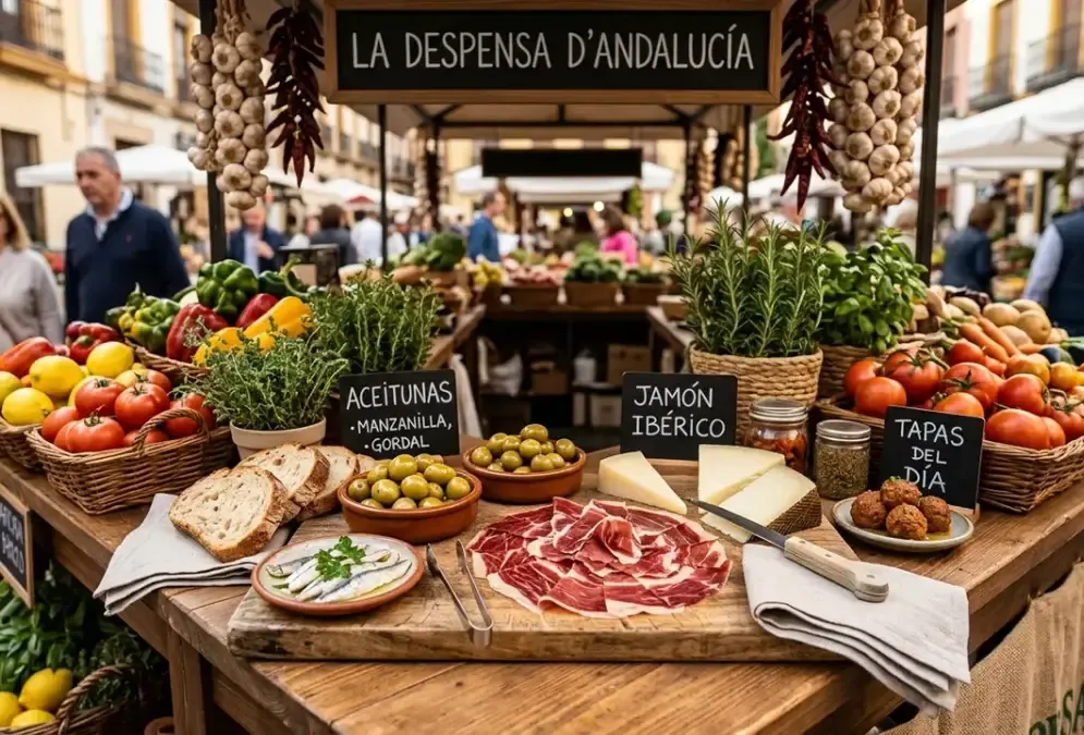 Andalusian market stall with fresh produce and tapas