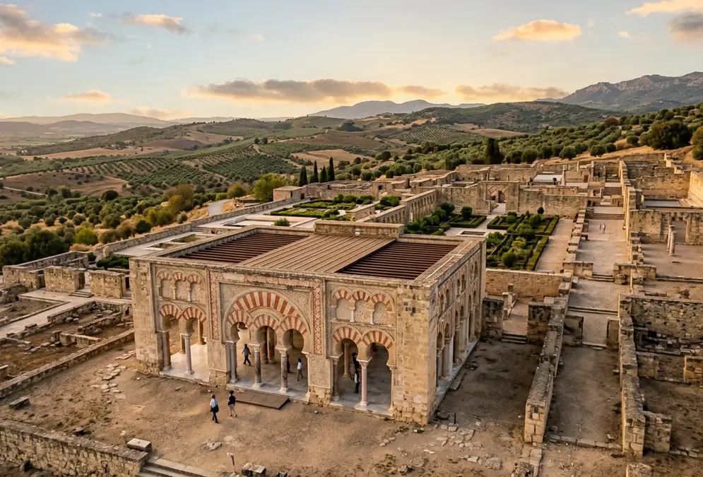 Ruins of Medina Azahara palace-city near Córdoba at golden hour, the colonnaded throne hall partially reconstructed, where Subh of Córdoba served as regent of the Umayyad Caliphate after 976