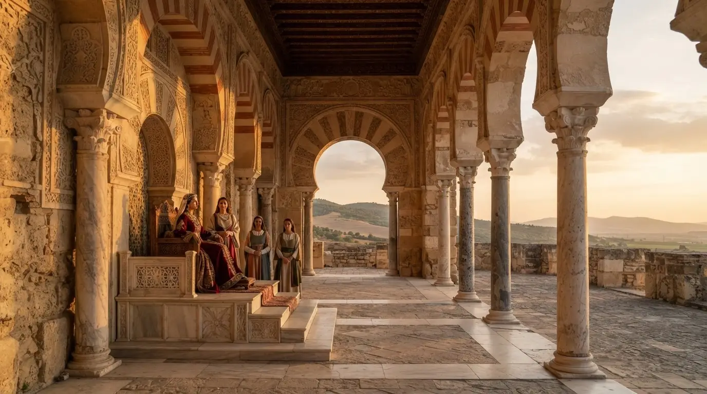 Ruins of Medina Azahara palace-city near Córdoba at golden hour, the colonnaded throne hall partially reconstructed, where Subh of Córdoba served as regent of the Umayyad Caliphate after 976