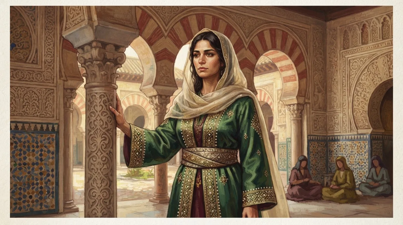 Illustration of Subh as a 10th-century Umayyad court woman in an embroidered silk robe, standing in a palace hall with horseshoe arches and carved stone walls
