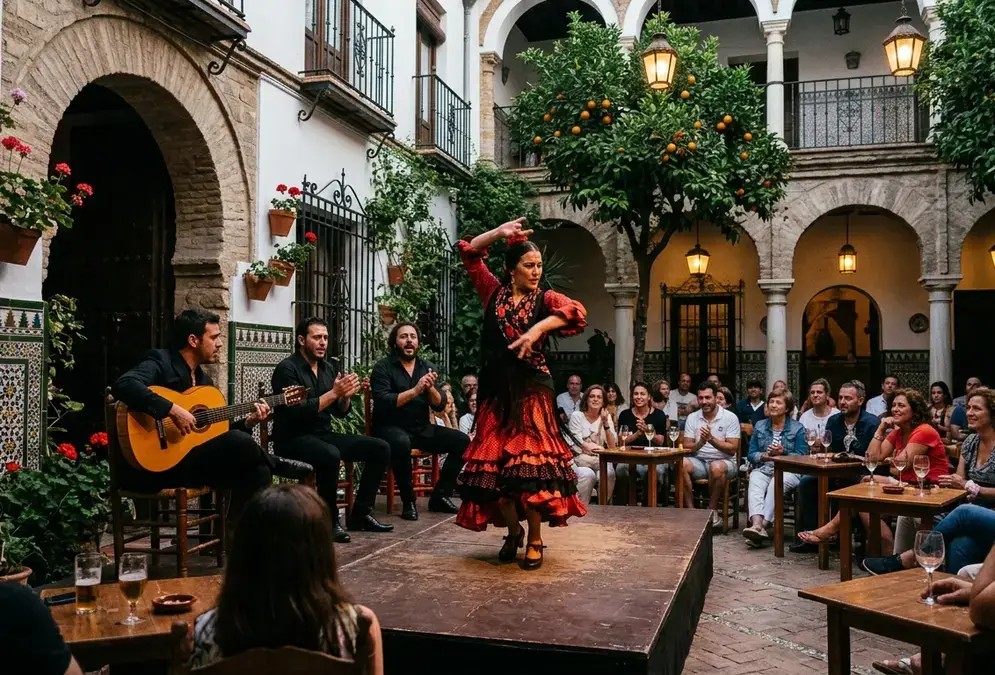 Flamenco dancer performing at Tablao El Cardenal in a historic palace in Córdoba