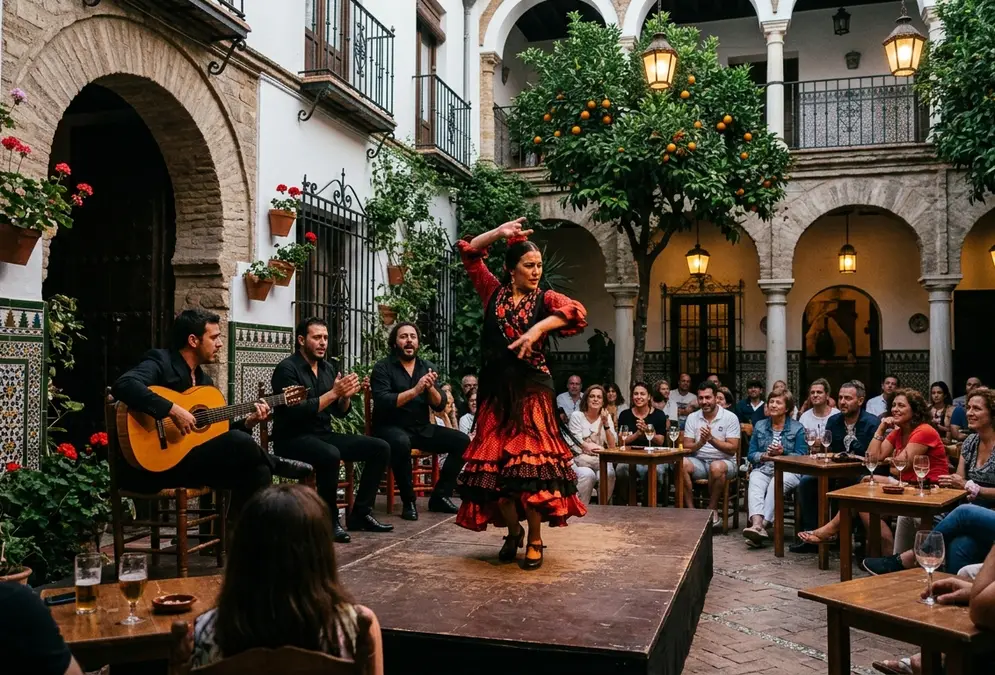 Flamenco dancer performing at Tablao El Cardenal in a historic palace in Córdoba