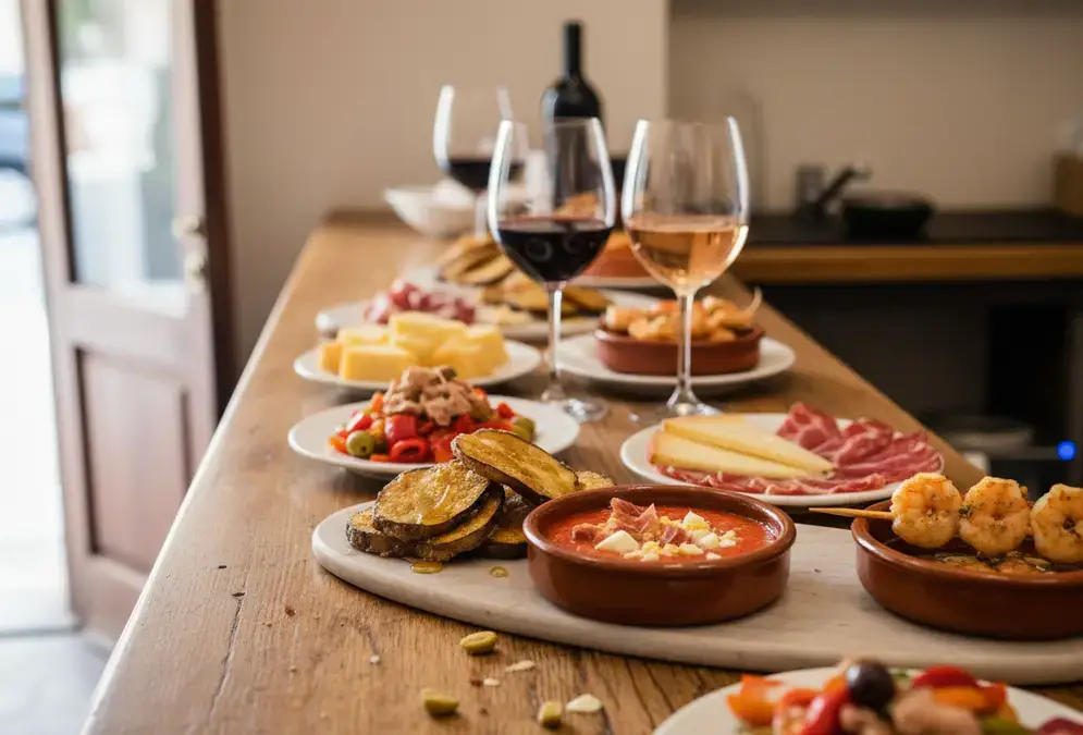 Tapas and wine glasses on a wooden bar counter in a traditional Córdoba bodega