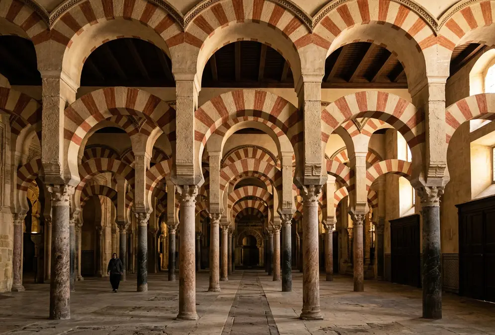 Interior of the Mezquita of Córdoba at ground level, red-and-white bicolor horseshoe arches receding into shadow between marble columns, upper semicircular arches visible above, warm side-light from the south