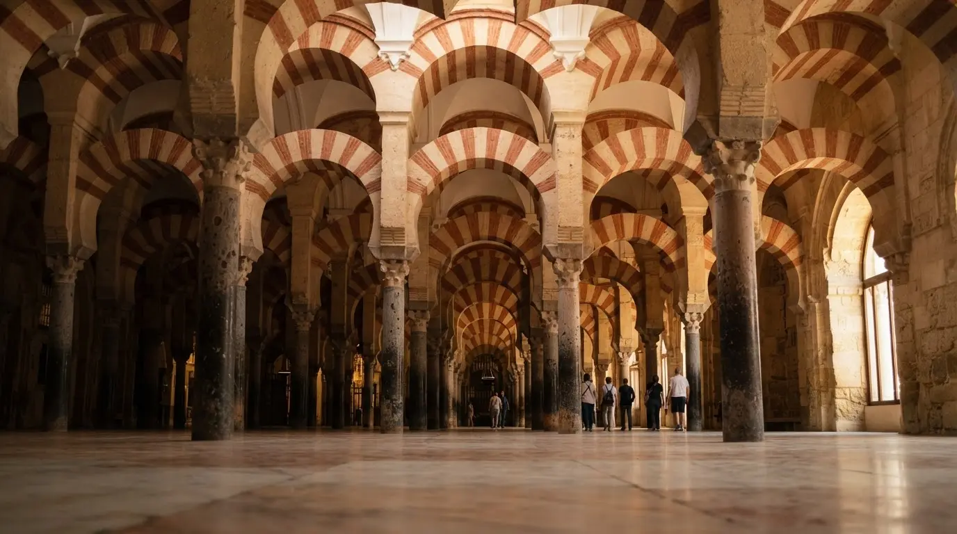 Interior of the Mezquita of Córdoba at ground level, red-and-white bicolor horseshoe arches receding into shadow between marble columns, upper semicircular arches visible above, warm side-light from the south