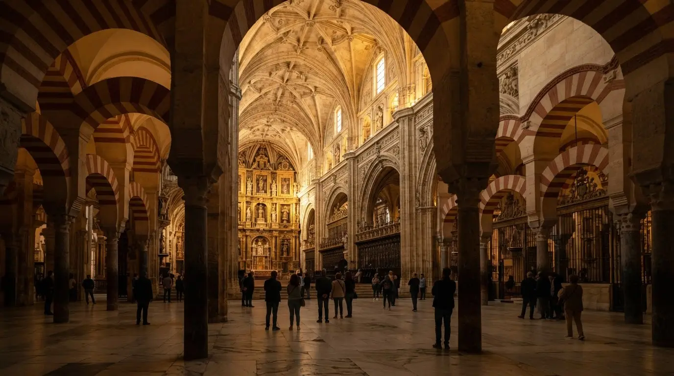 Interior of the Mezquita-Catedral of Córdoba showing mezquita conversion 1236 reconquista result: red-and-white striped double arches of jasper and marble receding into shadow with the Renaissance cathedral nave rising above in the background, photorealistic golden-hour light
