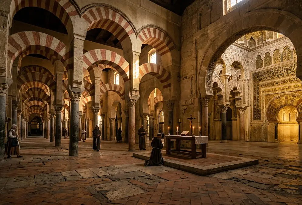 Interior of the Mezquita-Catedral of Córdoba showing mezquita conversion 1236 reconquista result: red-and-white striped double arches of jasper and marble receding into shadow with the Renaissance cathedral nave rising above in the background, photorealistic golden-hour light