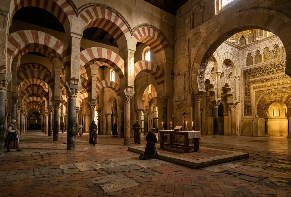 Interior of the Mezquita-Catedral of Córdoba showing mezquita conversion 1236 reconquista result: red-and-white striped double arches of jasper and marble receding into shadow with the Renaissance cathedral nave rising above in the background, photorealistic golden-hour light