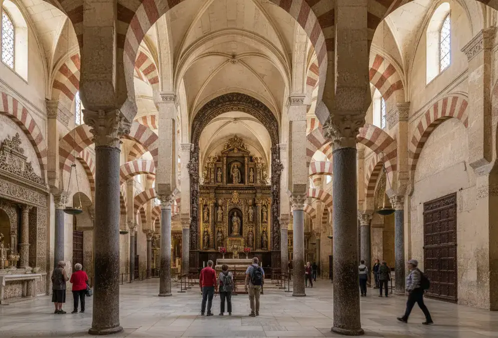 The striped arches of the Mezquita-Catedral interior in Córdoba, showing Islamic columns and Christian cathedral elements coexisting in the same space