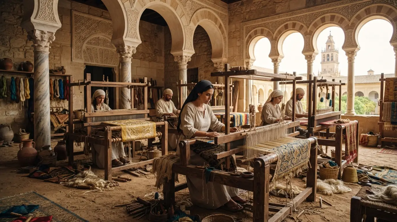 Córdoba silk industry history: Umayyad weavers working an inscribed tiraz robe on a horizontal loom in a Caliphal-era Córdoba workshop, warm interior lamplight, gold thread catching the light