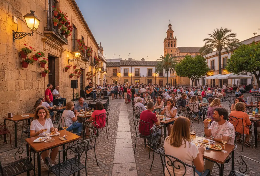 Crowded outdoor terrace at sunset on a cobblestone plaza in Córdoba with tapas, beer, and a church bell tower in the background