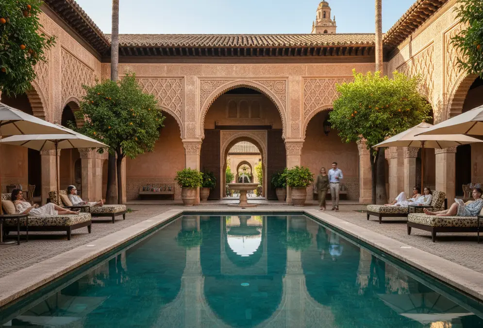 Luxury hotel with Moorish-inspired courtyard and pool in Córdoba's historic center