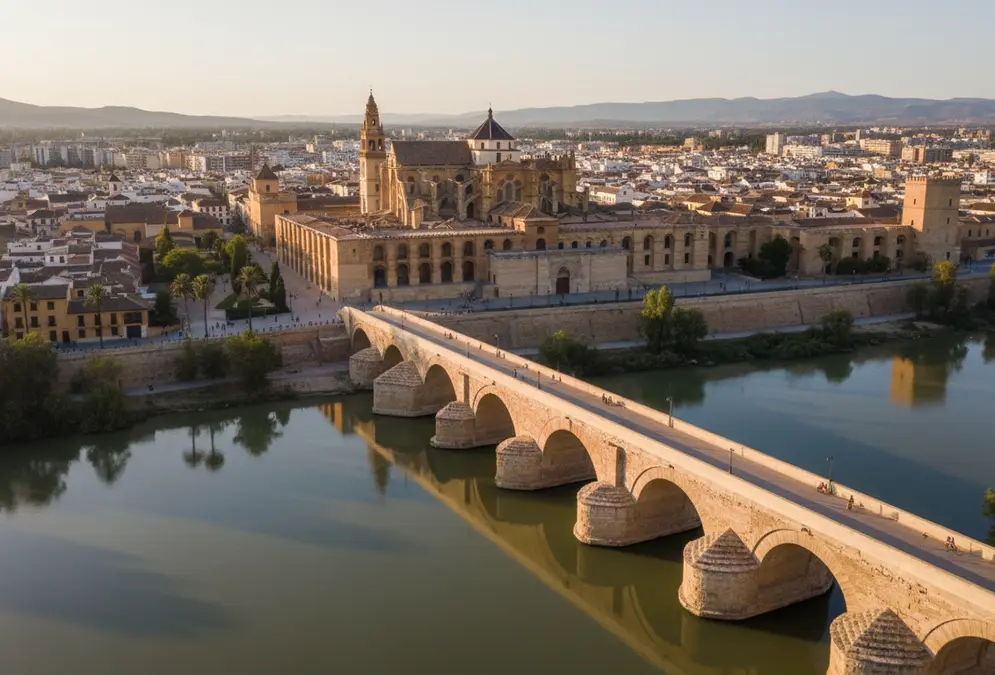 Top 10 monuments in Córdoba — iconic aerial view of the Mezquita-Catedral and Roman Bridge over the Guadalquivir River
