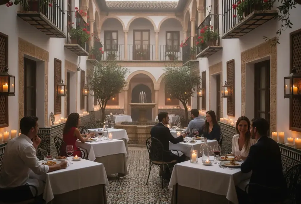 Candlelit patio dining in a two-storey Andalusian courtyard with arches, a fountain, and olive trees in Córdoba