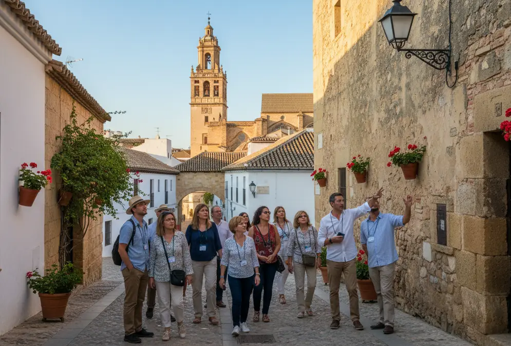 Top activities in Córdoba — guided walking tour group on a cobblestone street in the Judería with the guide pointing at historic stone facades