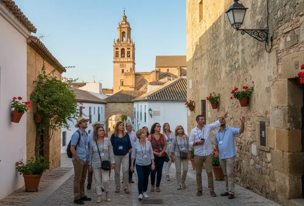 Guided walking tour group on a cobblestone street in Córdoba's Judería with the guide pointing at historic stone facades
