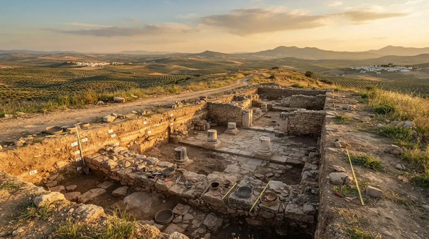 Aerial view of the Torreparedones archaeological park hilltop between Baena and Castro del Río, exposed Iberian and Roman stone walls layered across the plateau, torreparedones cordoba