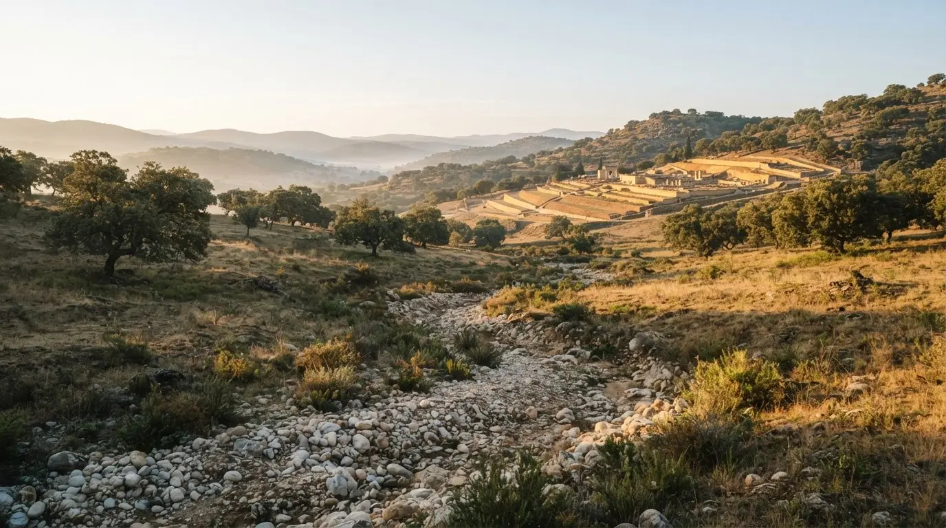 Valdepuentes aqueduct Medina Azahara supply line at dawn: a low stone-walled channel crossing a stream bed in the Sierra Morena, no arcades, with the pale terraces of the palace-city in the distance