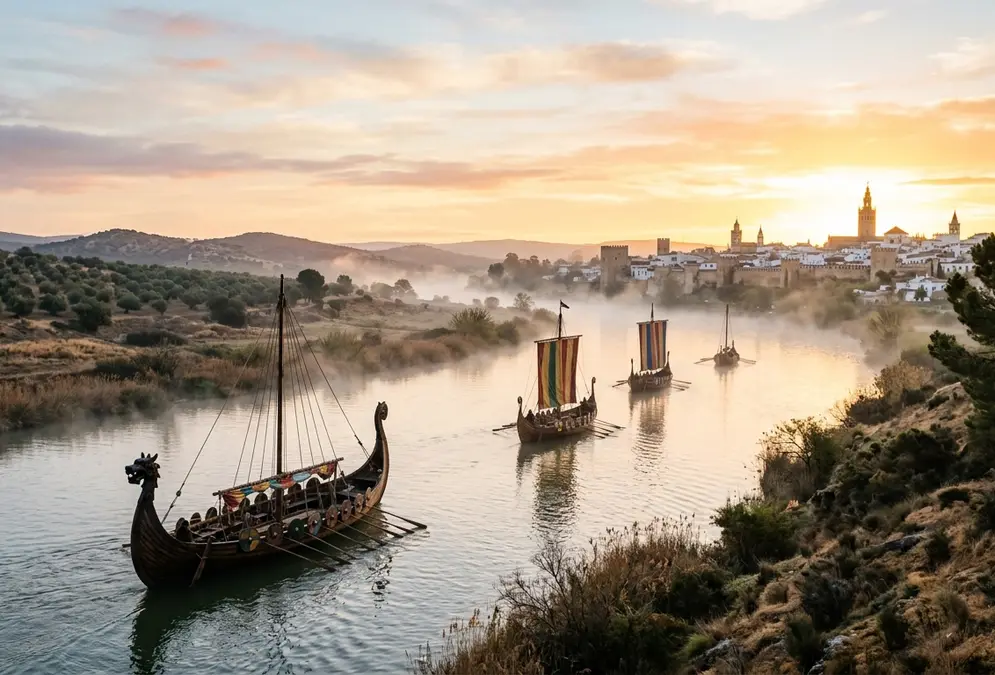 Norse longships advancing up the Guadalquivir River at dawn, Moorish city walls and minarets of Seville visible on the riverbank in golden early light, dramatic low-angle perspective from the water, photorealistic historical scene set in 9th-century al-Andalus, vikings córdoba spain 844