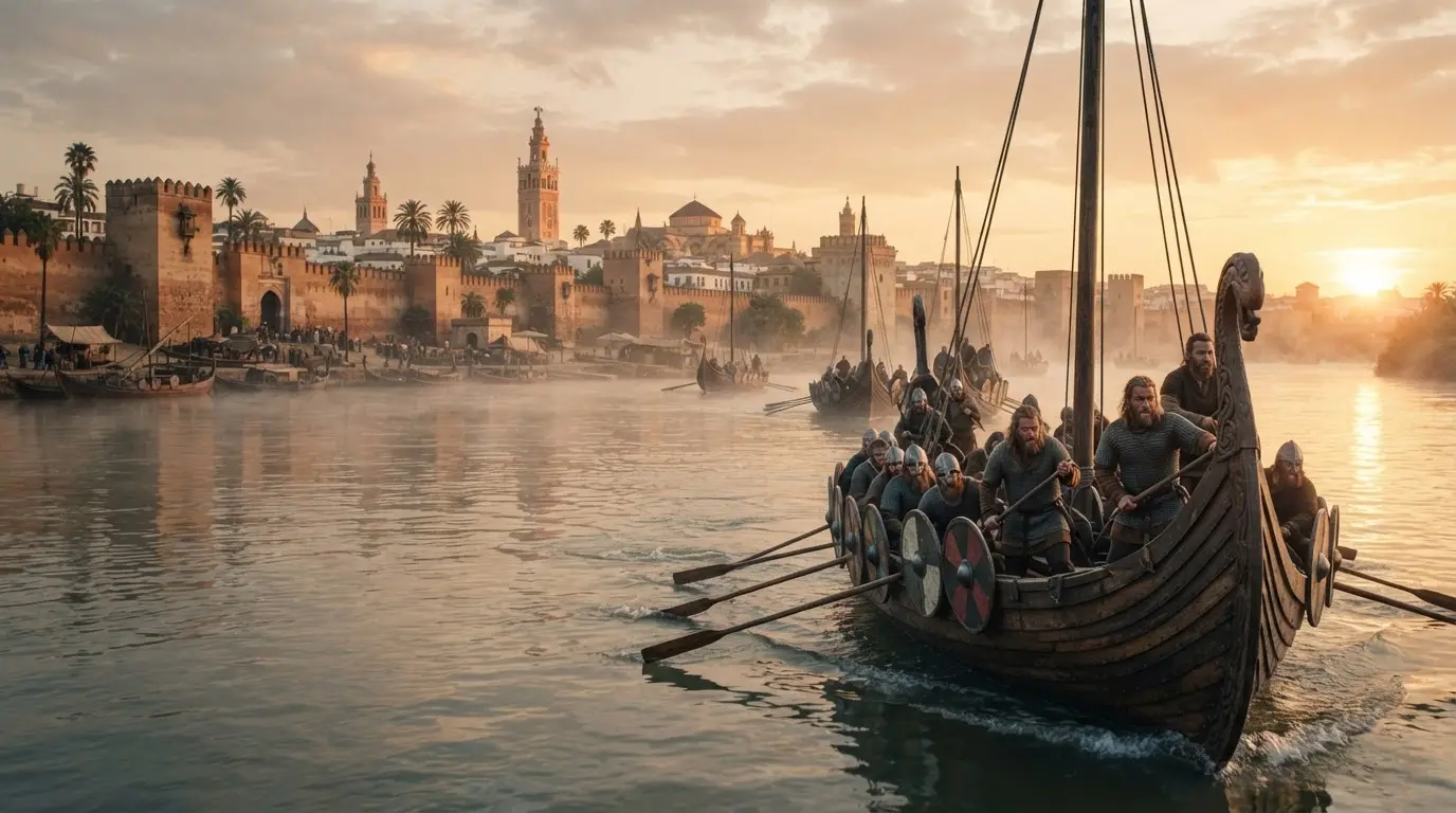 Norse longships advancing up the Guadalquivir River at dawn, Moorish city walls and minarets of Seville visible on the riverbank in golden early light, dramatic low-angle perspective from the water, photorealistic historical scene set in 9th-century al-Andalus, vikings córdoba spain 844