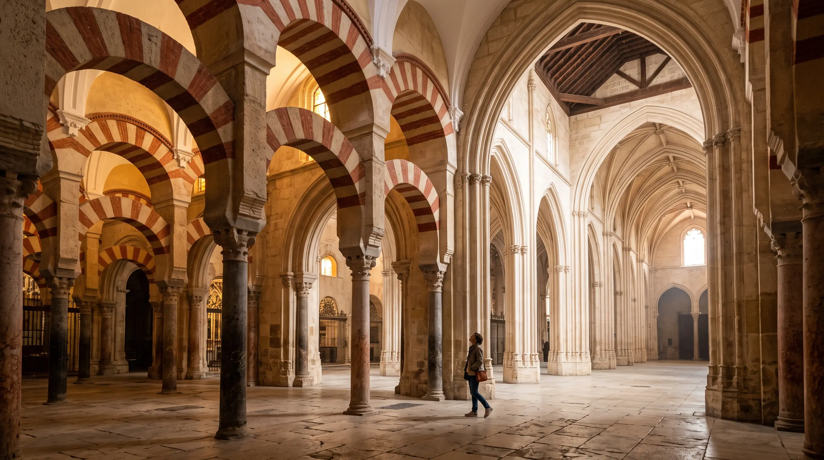 Interior of the Villaviciosa chapel in the Mezquita-Catedral of Córdoba, a pointed Gothic nave in warm light beside the striped Islamic arches, villaviciosa chapel mezquita history 1880