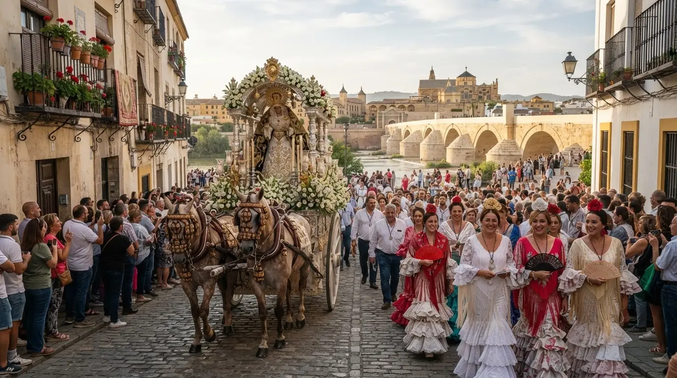 Horse-drawn carriages carrying the Virgen de la Salud image through Córdoba's streets during the May procession, women in traje de flamenca alongside, Puente de Miraflores in the background