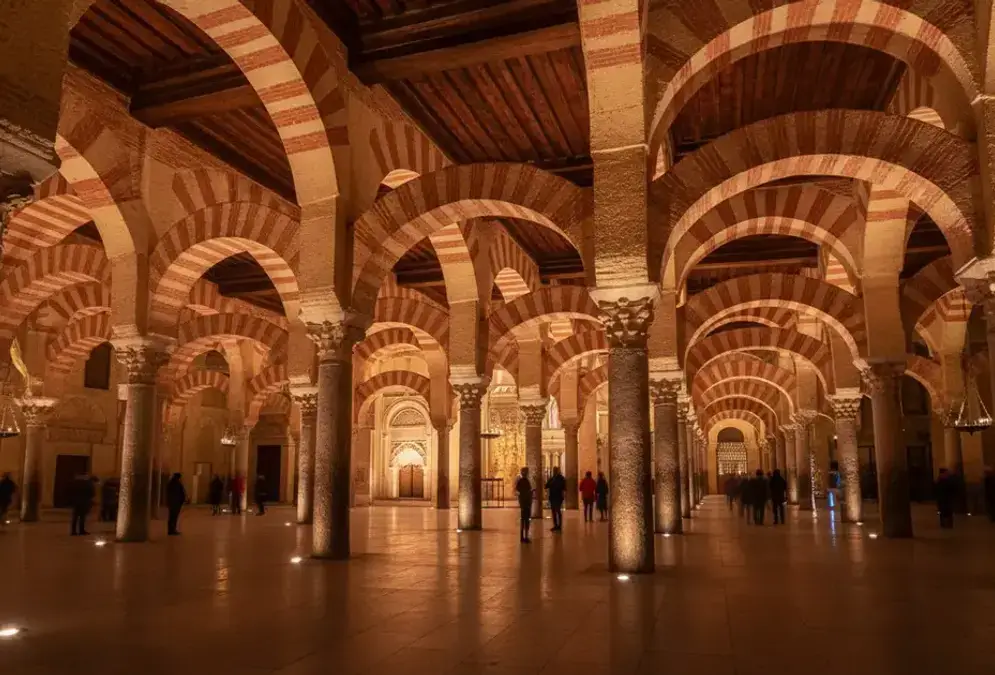 Interior of the Mezquita illuminated during The Soul of Córdoba night tour with artistic lighting
