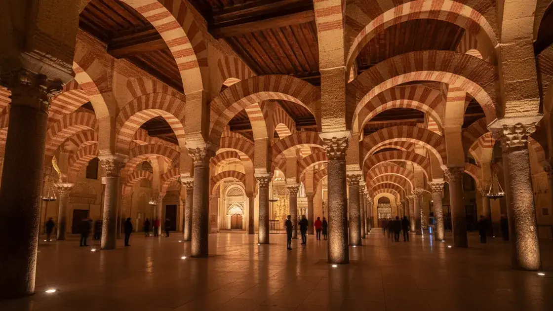 Interior of the Mezquita illuminated during The Soul of Córdoba night tour with artistic lighting