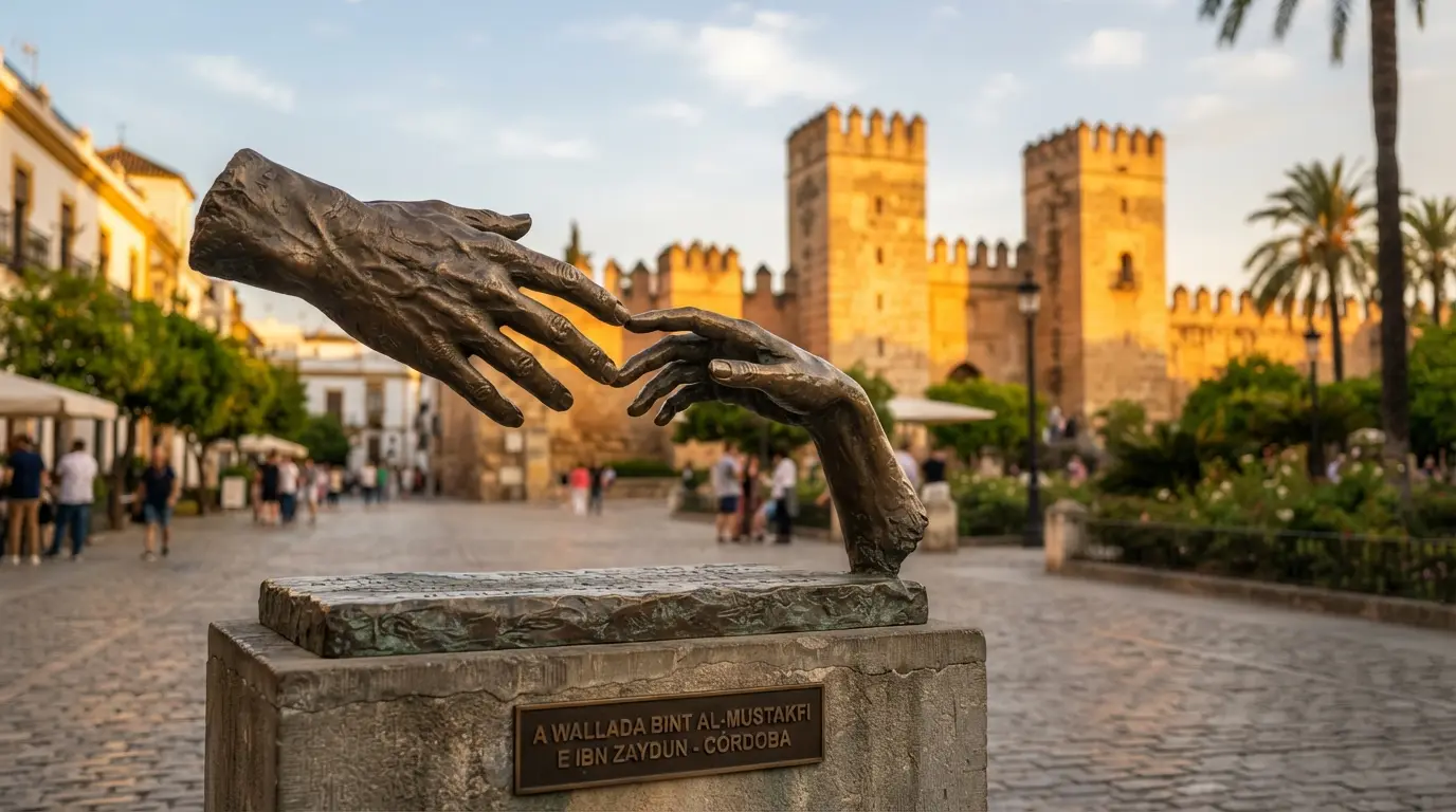 Bronze sculpture of two reaching hands in Córdoba's Campo Santo de los Mártires plaza at golden hour, honoring Wallada bint al-Mustakfi and Ibn Zaydun, the Alcázar de los Reyes Cristianos towers glowing warm in the background