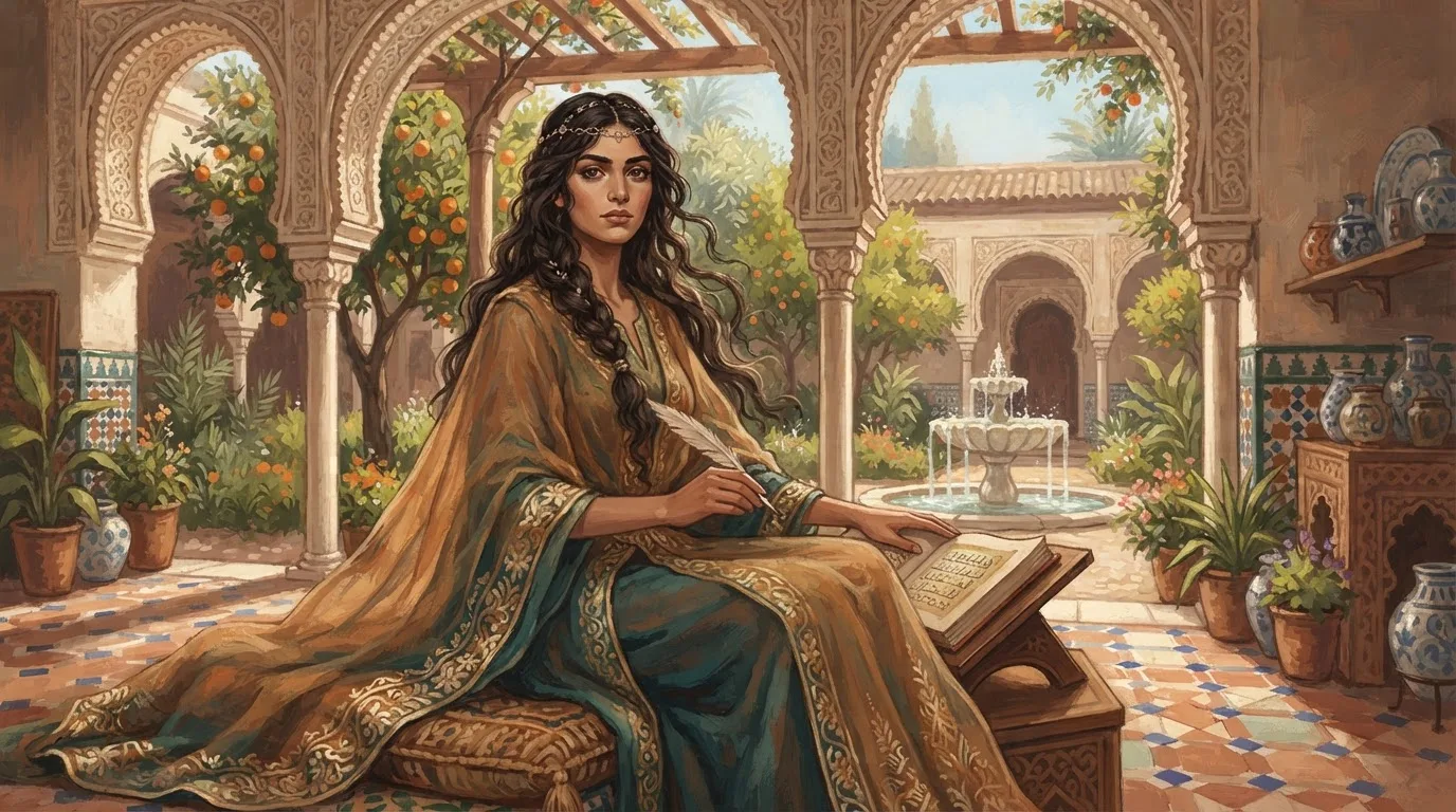 Illustration of Wallada bint al-Mustakfi as an 11th-century Córdoba princess, unveiled with long dark hair, holding a quill beside an open book in a courtyard of horseshoe arches with orange trees and a fountain