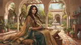 Illustration of Wallada bint al-Mustakfi as an 11th-century Córdoba princess, unveiled with long dark hair, holding a quill beside an open book in a courtyard of horseshoe arches with orange trees and a fountain