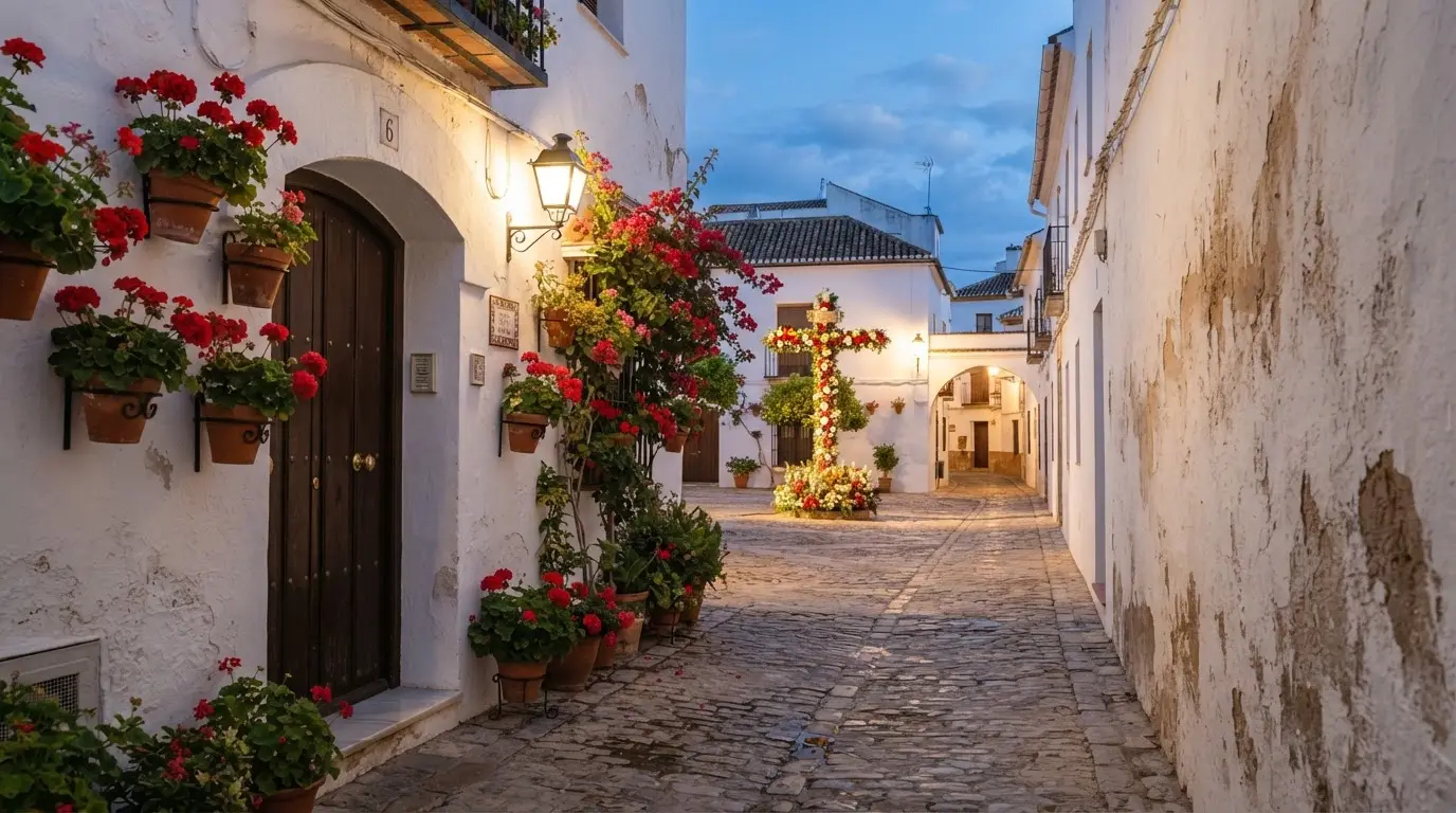 A flower-covered cross during the May festivals in Córdoba