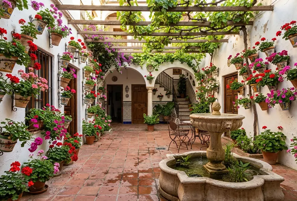 Córdoba patio festival courtyard during the 12-day May competition with flower-covered walls and central fountain