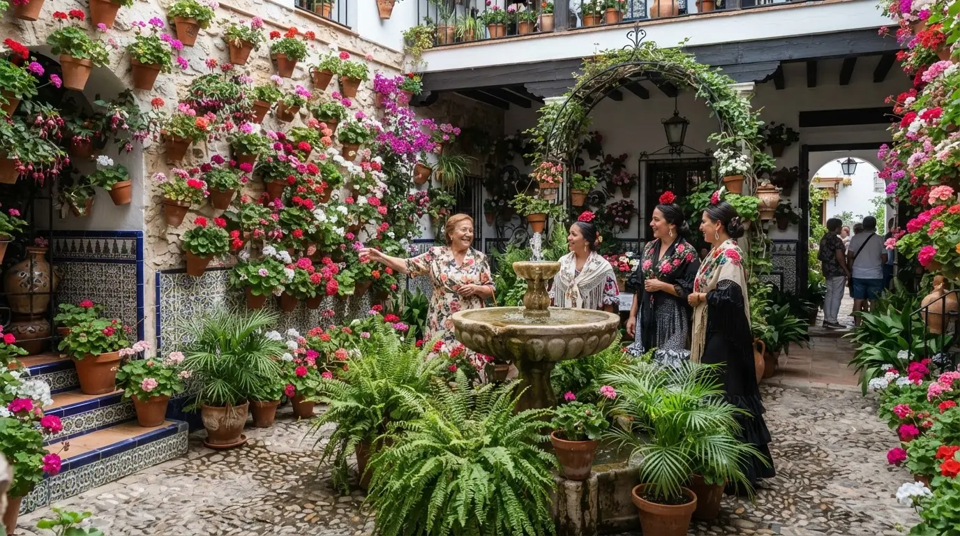 Córdoba patio festival courtyard during the May competition, flower-covered walls and central fountain
