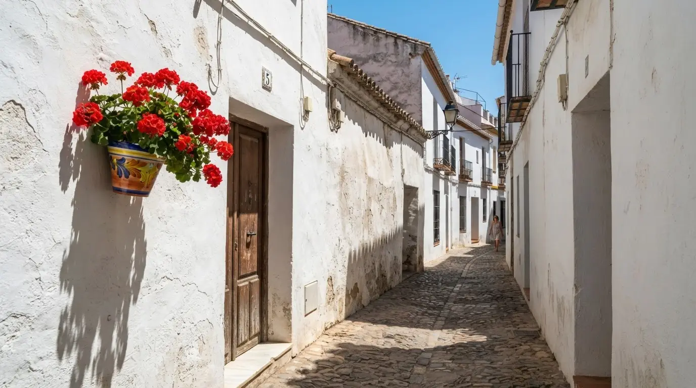 Narrow whitewashed street in Córdoba's medieval old town on a blazing summer afternoon, fierce sun casting deep shadows between terracotta and limestone walls, a ceramic plant pot and geraniums in brilliant red against white — why is Córdoba so hot