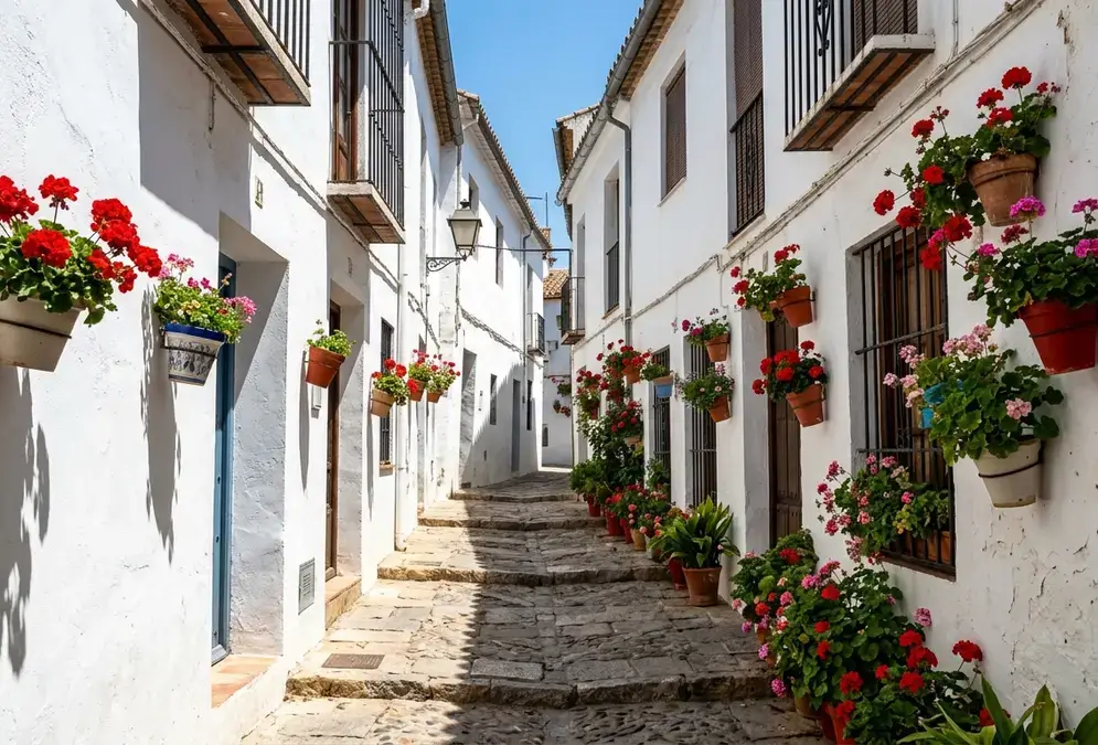 Narrow whitewashed street in Córdoba's medieval old town on a blazing summer afternoon, fierce sun casting deep shadows between terracotta and limestone walls, a ceramic plant pot and geraniums in brilliant red against white — why is Córdoba so hot