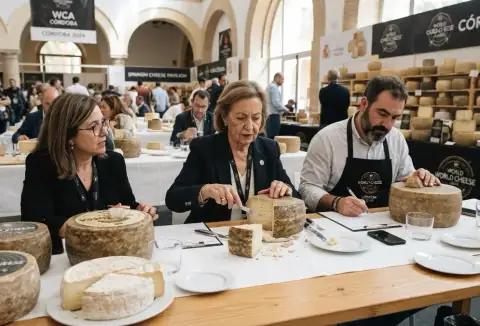 Judges evaluating cheese wheels at the World Cheese Awards in Córdoba, Spain