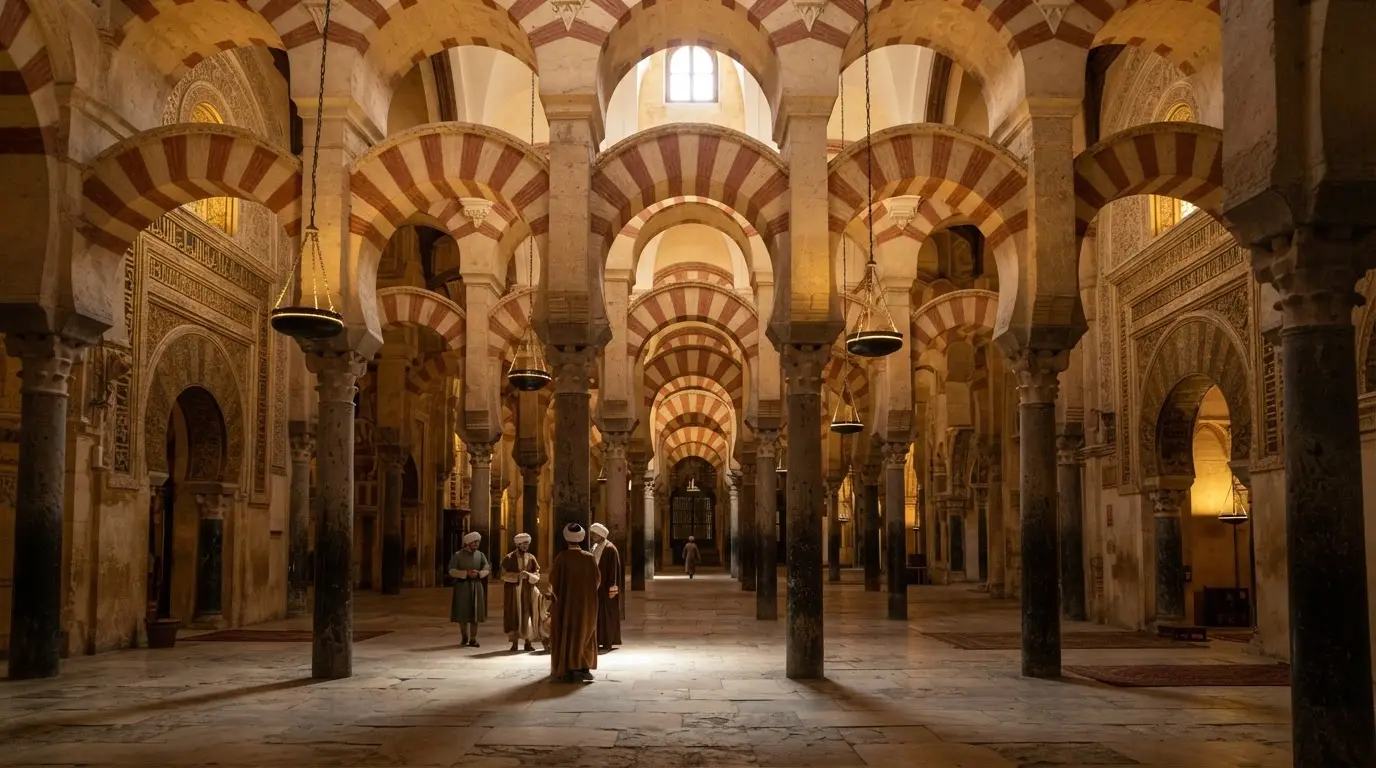 Photorealistic interior of the Mezquita-Catedral of Córdoba showing red-and-white striped Umayyad arches receding into shadow, warm golden light, evoking the ziryab cordoba court culture of Abd al-Rahman II in the 9th century