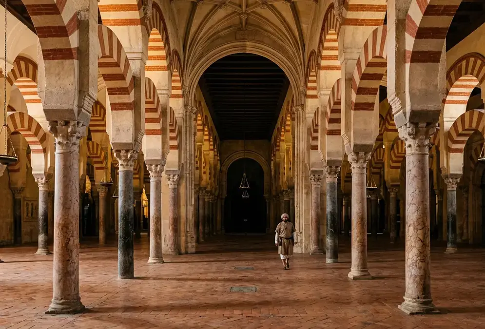 Photorealistic interior of the Mezquita-Catedral of Córdoba showing red-and-white striped Umayyad arches receding into shadow, warm golden light, evoking the ziryab cordoba court culture of Abd al-Rahman II in the 9th century