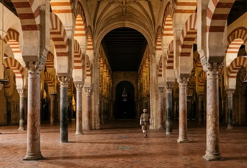 Interior archway of the Mezquita-Catedral of Córdoba showing red-and-white striped arches, warm golden light, evoking the Umayyad court culture during Ziryab's time in ziryab cordoba
