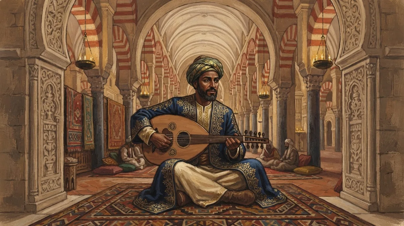 Illustration of a dark-complexioned ninth-century court musician in a long embroidered robe, seated with an oud in a hall of red-and-white horseshoe arches, warm lamplight on the stone