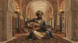 Illustration of a dark-complexioned ninth-century court musician in a long embroidered robe, seated with an oud in a hall of red-and-white horseshoe arches, warm lamplight on the stone