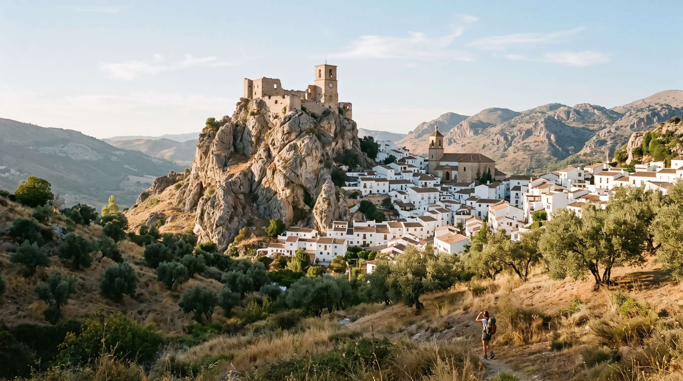 Zuheros castle village cliff at golden hour: ruined castle-palace on a limestone crag above white houses stacked down the slope, Subbética hills behind